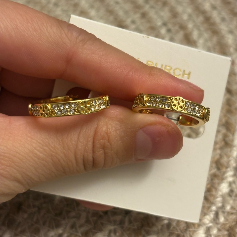 Tory Burch Gold Embellished Hoop Earrings - Picture 9 of 10